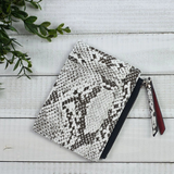 Molly Vegan Leather Snake Print Coin Zipper Tousled Pouch White Black