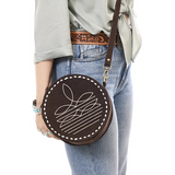Genuine Leather Western Canteen Bag - Round Crossbody for Women Brown