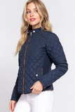 Suede Piping Detail Knit Rib Quilted Padding Jacket Navy