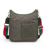 Motivator Quilted Nylon Crossbody Olive Green w Preppy Red Green Strap