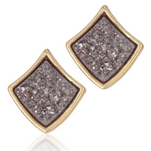 Druzy Stone Square Diamond Shape Stud Earrings Hematite Silver