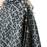 Reversible Leopard Print Fringe Button Wrap Shawl Poncho Gray Black Wear Multiple Ways