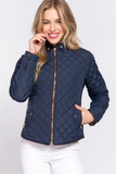 Suede Piping Detail Knit Rib Quilted Padding Jacket Navy