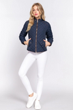 Suede Piping Detail Knit Rib Quilted Padding Jacket Navy