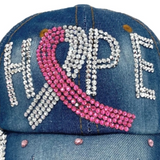 Bling Studded Cotton Denim Cap Breast Cancer Hope Pink Ribbon