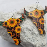 Mixed Printed Sunflower Cow Leather Dangle Earrings Western Southwestern