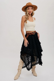 Boho Floral Lace Tier Midi Skirt Black