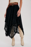 Boho Floral Lace Tier Midi Skirt Black