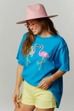 Bright Blue Fun Flamingo Sequin Patch Tee