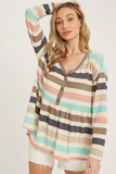 Multicolor Stripe French Terry Babydoll Top - Button Front Long Sleeve