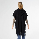 Eloise Hooded Ruana with Frayed Fringe Black