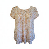 Mystree Womens Cap Sleeve Blouse Small Pleat Round Neck Print Boho Orange Cream