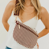 Brown White Check Woven Crossbody Bag - Sling Belt Bag with Adjustable Strap