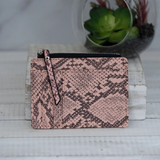 Molly Vegan Leather Snake Print Coin Zipper Tousled Pouch Pink Black