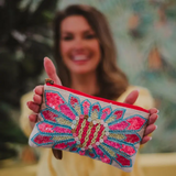 Embroidered Heart Beaded Wristlet
