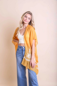 Lightweight Floral Embroidered Tassels Boho Festival Kimono Wrap Mustard Yellow