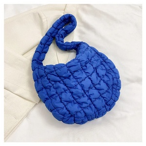 Nylon Puffer Solid Color Purse Tote Handbag Slouch Bag Blue
