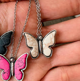 Butterfly Stone Pendant Choker Necklace | Burnished Silver & White