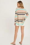 Multicolor Stripe French Terry Babydoll Top - Button Front Long Sleeve