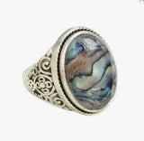 Vintage Look Abalone Shell Print Silver Scroll Shell Ring