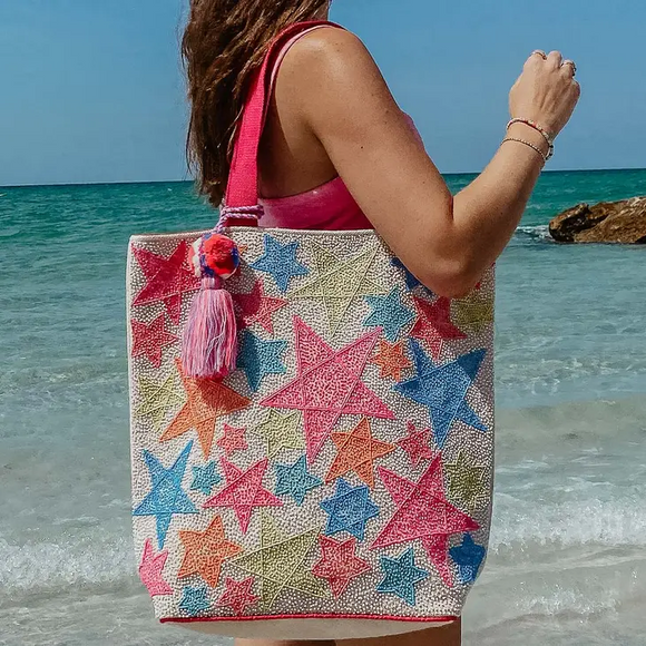 Colorful Star Beaded Tote Travel Vacation Beach Bag