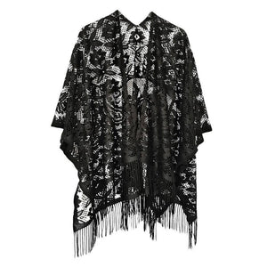 Floral Lace Fringe Boho Kimono Wrap Shawl Cover Up Black