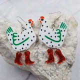 White Chicken with Dangle Glitter Red Boots Earrings