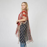 Distressed Color Aged American Flag Kimono With Tassels