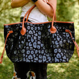 Black Leopard Canvas Large Tote Bag w Brown Accent