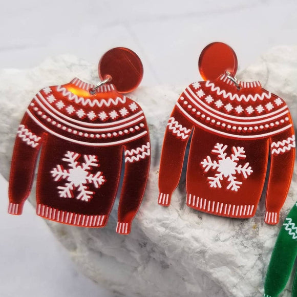 Mirror Acrylic Sweater Christmas Earrings Red