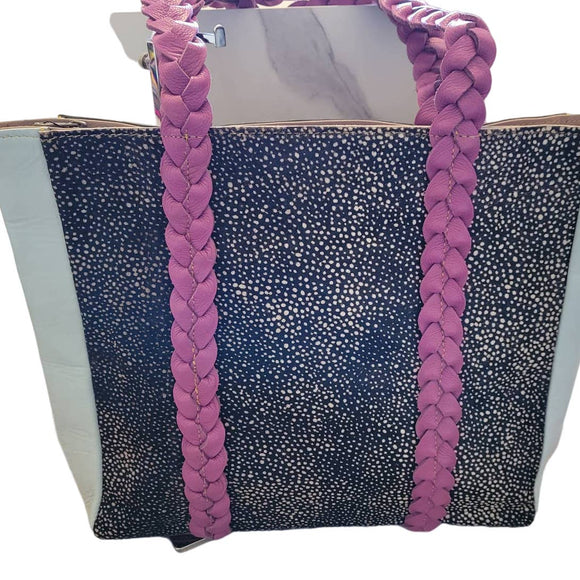 Leather Spotted Hair on Hide Braided Handle Tote Bag Purse Purple Grey df