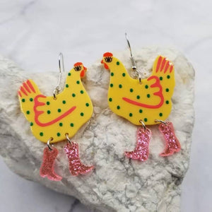 Yellow Chicken with Dangle Glitter Pink Boots Earrings