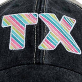 Multi-Colored Stripe "TX"  Texas Embroidered Black Distressed Trucker Hat