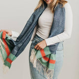 Red/Green/Navy Stripe Fringe Scarf