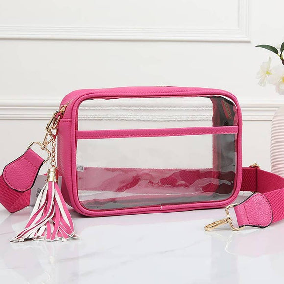 Clear Stadium Rectangle Crossbody Bag Purse Hot Pink Fuchsia Tassel Barbiecore