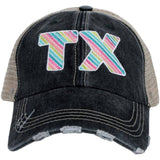 Multi-Colored Stripe "TX"  Texas Embroidered Black Distressed Trucker Hat