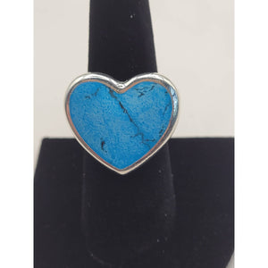 Heart Semiprecious Inlaid Stone Silver Ring Dark Turquoise Size 8.5