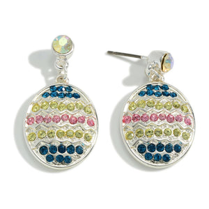 Yellow Pink Blue Crystal Striped Enamel Easter Egg Dangle Earrings