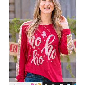 Red Gold Glitter Sequin Accent Ho Ho Ho Long Sleeve Christmas Shirts Small