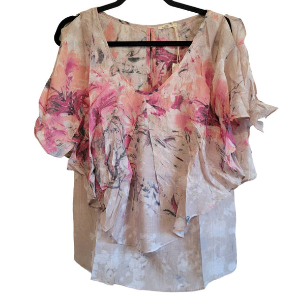 Mystree Womens Sleeveless Watercolor Floral Flowing Blouse Small Pink Gray Taupe