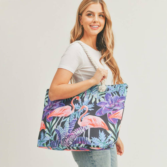 Bright Tropical Flamingo Print Tote Bag With Soft Rope Handles