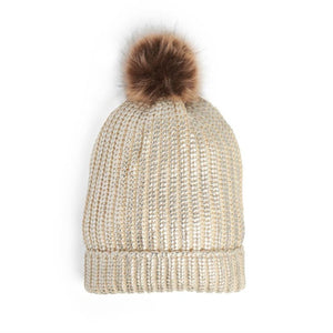 Creamy Ivory Metallic Faux Fur Pom-Pom Beanie Hat