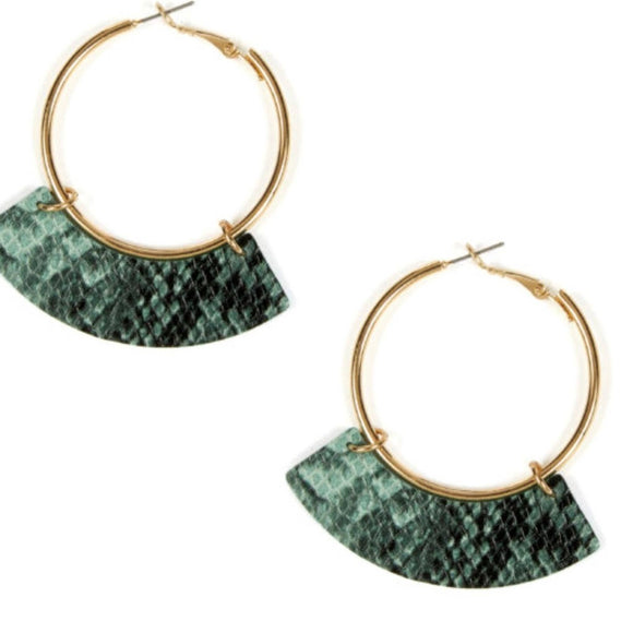 Gold Hoops with Green Snake Print Leather Fan