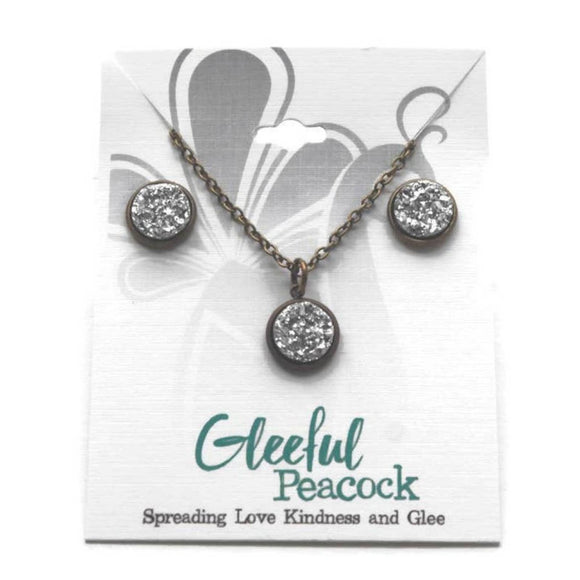 Druzy Stud Earring Bezel Pendant Necklace Jewelry Set Silver
