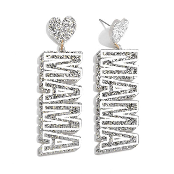 Silver Glitter Acrylic MAMA Drop Earrings With Heart Accents