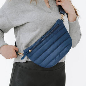 Navy Quilted Puffer Sling Belt Crossbody Bag