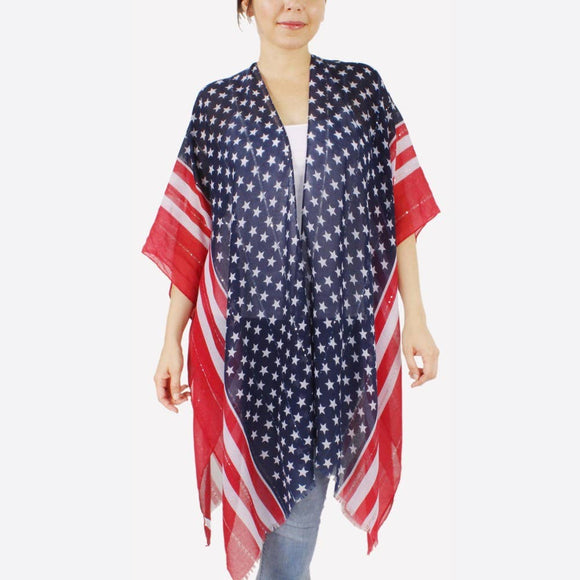 American Americana Patriotic Stars Stripe Sequin USA Kimono Wrap