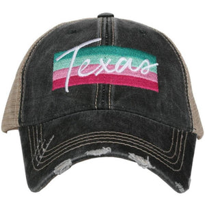 Texas Script on Striped Band Embroidered Black Distressed Trucker Hat
