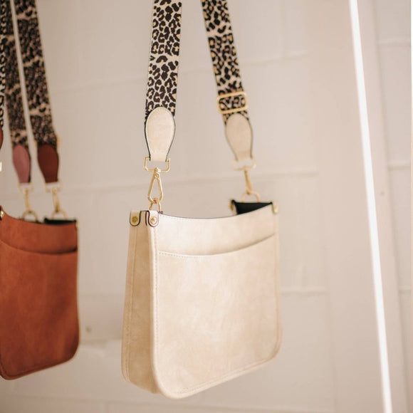 Creamy Beige Crossbody Bag with Leopard Canvas Strap