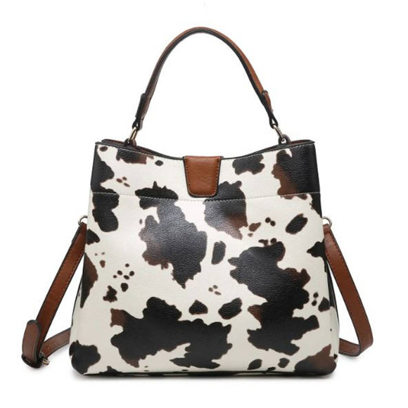 Cow Print Satchel with Magnetic Closure Zip and Slip Pockets